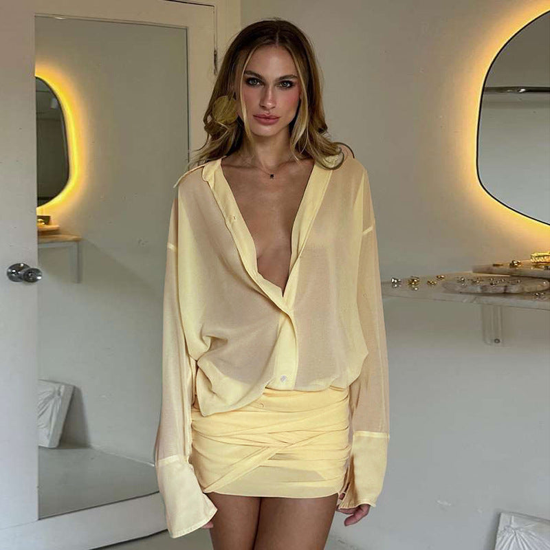 O1CN01BlVWlA1OliYQBFMgQ__3166701746-0-cib Elegant Sexy Collared Slim Fit Sheath Lace up Shirt Dress Short Dress Women