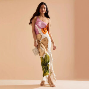 Spring Summer Oblique Shoulder Printing Dress