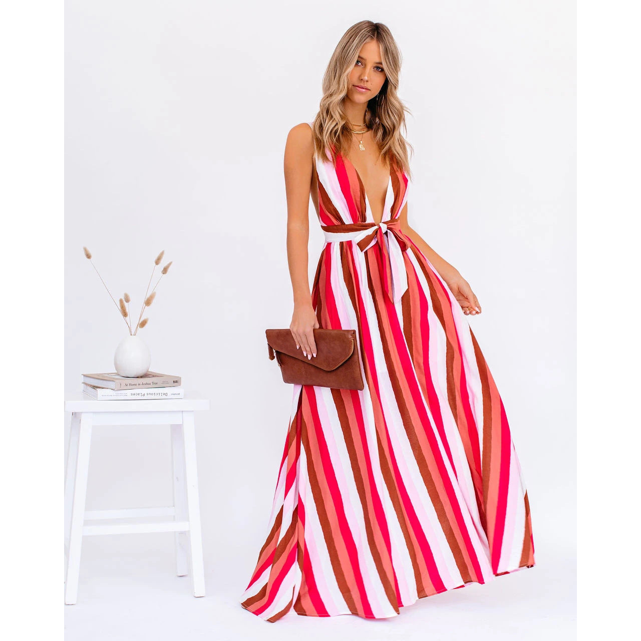O1CN01VxUs1u1c2HWZAvqzr__2208129443542-0-cib Sexy Strap Deep V Plunge Striped Casual Dress Home Loose Lace up Large Swing