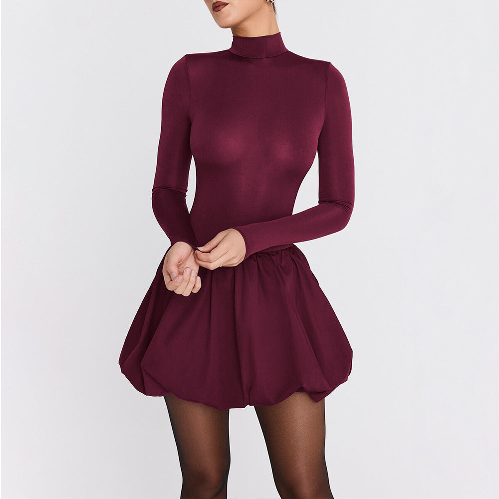 O1CN01cZnU7w1FtCTtnYtyz__3175780544-0-cib Turtleneck Long Sleeved Tight Waist Pleated A line Dress