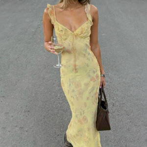 French Holiday Floral Strap Dress Ruffled Maxi Dress