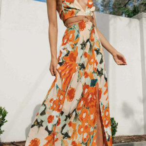 Women V neck Halter Backless High Split Hemline at Hem Maxi Dress