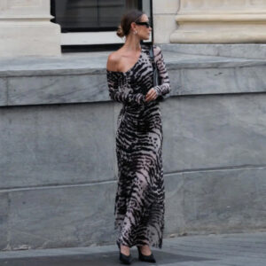Women Clothing Autumn Retro Sexy off Shoulder Zebra Stripe Slim Fit Long Sleeve Dress Women
