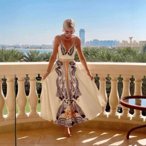 Summer Backless Self Tie Dress Printed V neck Elegant Dress