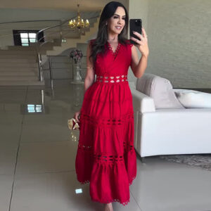 Palace Hollow Cutout out Embroidered V neck Slimming Long Sleeveless Dress