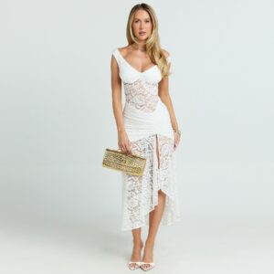 Summer Sexy Lace Hollow Out Cutout out Stitching Spaghetti Straps Slimming Split Dress