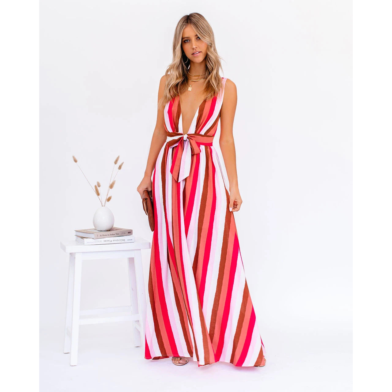 O1CN01zxrWZK1c2HWczj5qo__2208129443542-0-cib Sexy Strap Deep V Plunge Striped Casual Dress Home Loose Lace up Large Swing - Image 2